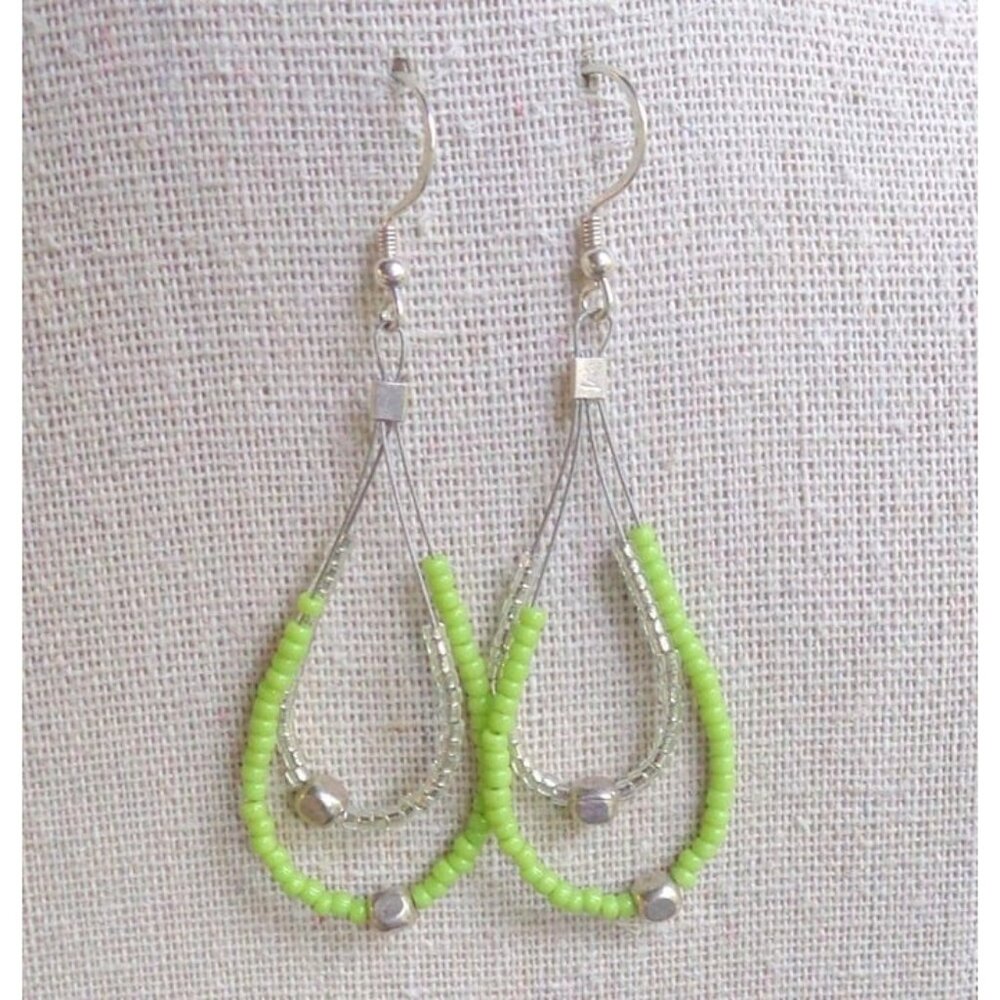 925 Sterling Silver Green & Clear Seed Bead Layered Wire Earrings Dangle Hooks